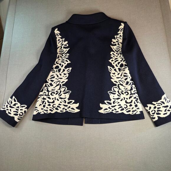 St. John Collection Sweater Blazer Women’s 10 Navy White Knit Jacket USA Made - Picture 2 of 13